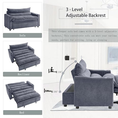 SLEERWAY 3 in 1 Convertible Sleeper Sofa Bed, 56.3" W Easy Pull Out Couch Bed with Dual Cup Holders, Comfy Thick Padding Futon Loveseat with Adjustable Backrest for Living Room Small Space (Grey) - color: Grey, size: 56.3"