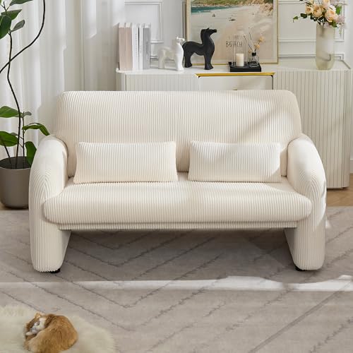 WUTUTUEE 56'' Corduroy Loveseat Sofa, 2 Seater Love Seat Couch for Small Space, Comfy Upholstered Modern Leisure Loveseat Couches with Lumbar Pillows for Bedroom, Office, Living Room, White - color: White, size: 1 Loveseat