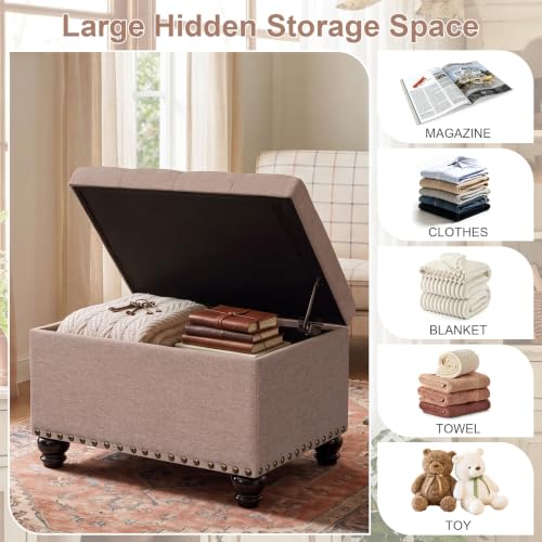Ottoman with Storage, Fabric Ottoman Foot Rest 24" Rectangle Tufted Foot Stools Ottomans with Hinged Lid Upholstered Button Ottomans for Bedroom Living Room Entryway, Taupe - color: A-taupe