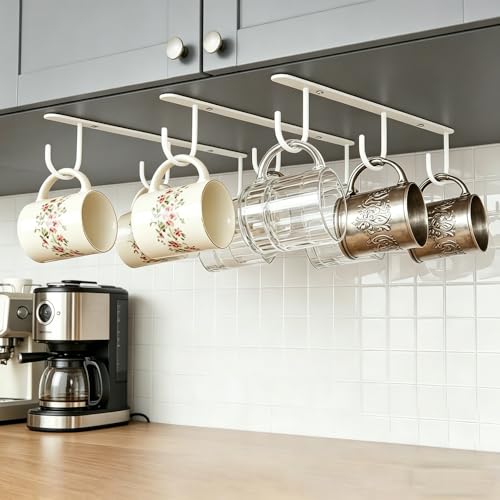 3pcs Mug Hooks,Under Cabinet Mug Holder, Coffee Cups Hook,Mug Hanger Organizer Rack with 9 Hooks for Displaying Mugs, Cups and Kitchen Utensils (White) - color: White