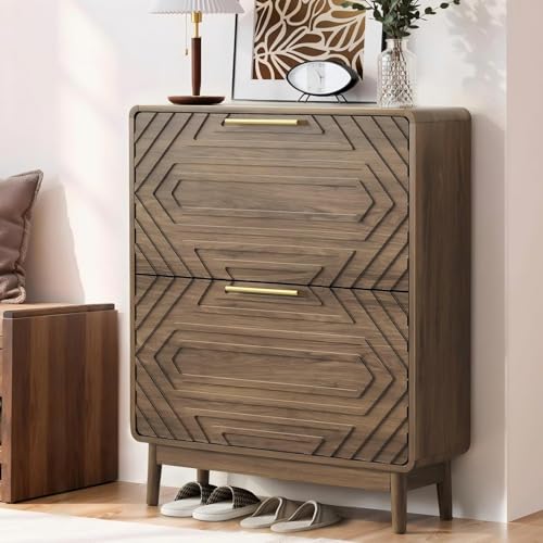 Shoe Storage Cabinet with Hand-Carved Raised Embossed 2 Flip Drawers,Narrow Shoe Cabinet Storage for Entryway, Freestanding Shoe Organizer Cabinet, Slim Shoe Rack Cabinet (Walnut) - color: Walnut, size: Carved Embossed - 32 inches