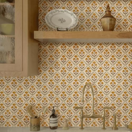 17.3''x78.7'' Peel and Stick Wallpaper Floral Cute Contact Paper Vintage Village Country Cottage Wallpaper Farmhouse Yellow Beige Renter Friendly Geometry Waterproof Embossed Kitchen Bedroom - color: Orange, size: 17.3" x 78.7"