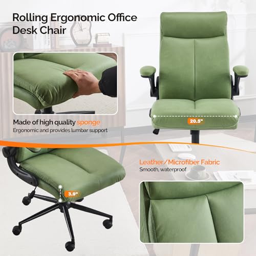 VINGLI Rolling Ergonomic Office Desk Chair with Padded Flip-up Arms, 360° Swivel High Back Executive Computer Task Chair with Wheels for Game,Home Small Space, Study Room, Reading Room,Pu Green - color: Leather-green