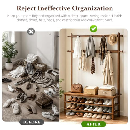 Hall Tree with Shoe Storage Bench, 3-in-1 Entryway Coat Rack with Bench, 11 Hooks, Freestanding Wooden Entryway Organizer for Mudroom, 35" Long - size: 35" Long