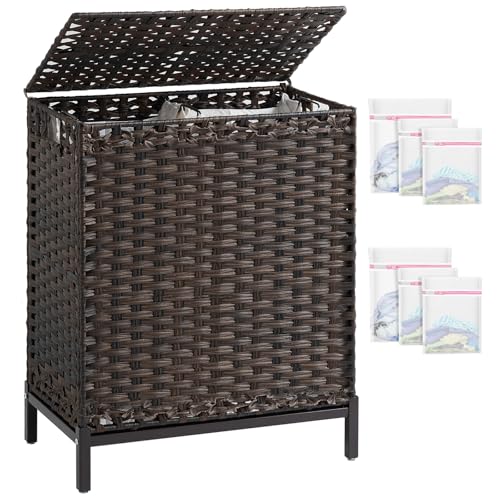 SETVSON Laundry Hamper with Lid, 29.6 Gal 2-Bag Clothes Sorter, Brown | 112L 2-Section PE Rattan Hamper with Lid, Metal Heightened Feet, 2 Removable Liners, 6 Mesh Laundry Bags, Steel Frame - color: Brown, size: 112 L - 29.6 gal