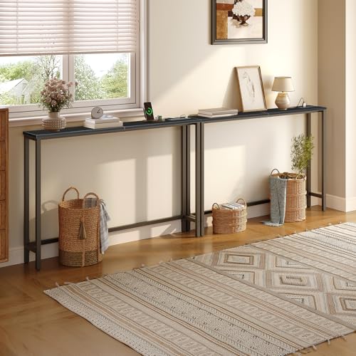 HOOBRO 47.2" Narrow Console Table with Power Outlet, 5.9" Behind Couch Table with Charging Station, Long Sofa Side Table, Skinny Entryway Table for Living Room, Hallway, Foyer, Black BB15XG01G1 - color: Black, size: 47.2"L x 5.9"W x 31.5"H