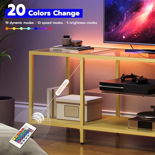 HOOBRO TV Stand with LED Lights and Power Outlets for TVs up to 65", Modern 55 Inch Tempered Glass TV Console Table with Open Shelves, Media Entertainment Center for Living Room, Gold GD145UDS01 - size: 55 Inch