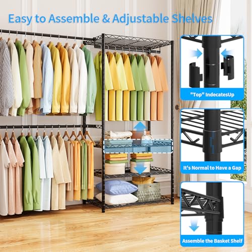 ecobedding Heavy Duty Garment Rack, 900LBS Max Load Freestanding Closet Organizer with 6 Storage Shelves & 3 Adjustable Hanging Rods, Multifunctional (Black, 15.75" D x (69.7~88.2)" W x 79.5" H)