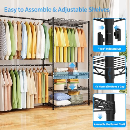 ecobedding Heavy Duty Garment Rack, 900LBS Max Load Freestanding Closet Organizer with 6 Storage Shelves & 3 Adjustable Hanging Rods, Multifunctional (Black, 15.75" D x (69.7~88.2)" W x 79.5" H)