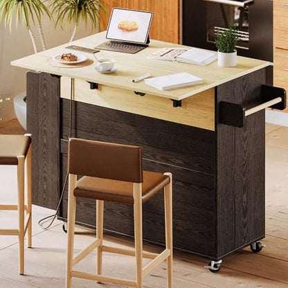 IRONCK Kitchen Island with Storage, Charging Station and Drop Leaf, Black | Wheels, Drawers, Open Shelves, Drawer Storage, Everyday Home Use - color: Black