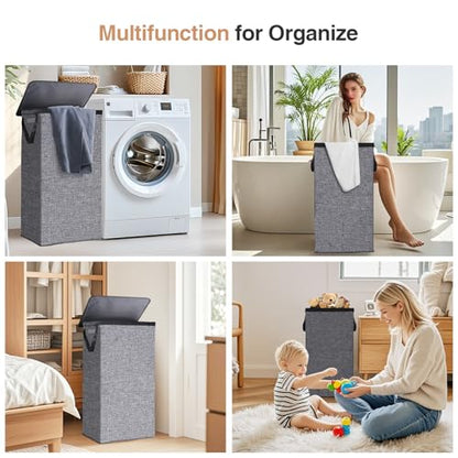 Collapsible Laundry Hamper with Lid 100L, Large Laundry Basket with Removable Mesh Bag for Bedroom, Bathroom,Closet, Dorm(Grey)