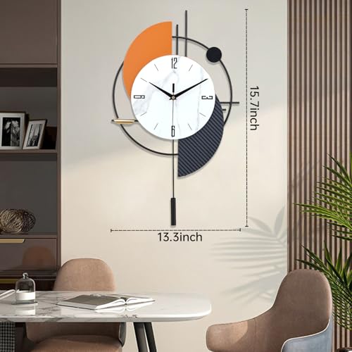 FILLOVE Large Decorative Wall Clock with Pendulum for Living Room, Metal Hands, Orange Accent White Dial, Silent Metal Wall Clock for Living Room, Bedroom, Study, Office - color: Black&orange