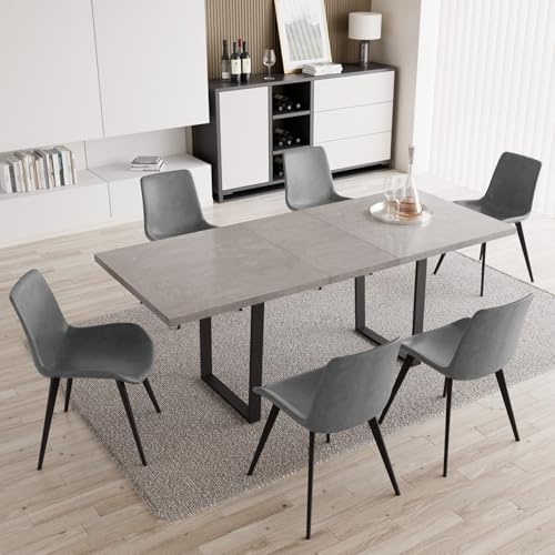 Mid-Century Extendable Dining Table Set, 63"-79", 6 Upholstered Chairs - color: Grey Table, size: 63"-79"