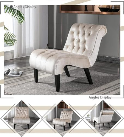 Comfy Velvet Accent Chair Set of 2, Tufted Armless Chair with Rolled Edge | Modern Small Lounger for Living Room, Upholstered Reading Chaise Lounge with Solid Rubber Wood Legs, Beige - color: Beige, size: Set of 2