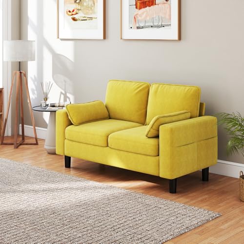 KINTNESS 56” Modern Loveseat Sofa, 2-Seater Sofa Couch with Deep Seat & Armrest Pillow, Sectional Sofa Loveseat for Bedroom, Living Room, Removable Covers, Ergonomic Height, Non-Slip, Yellow - size: 2 seater