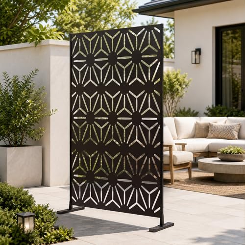 Kozyard Metal Privacy Screen 74" H x 47.2" W Decorative Outdoor Divider | with Stand Panels Freestanding Screen Set for Deck Patio Balcony Garden Outdoor&Indoor(Black/Hexagonal Star) - color: Black/Hexagonal Star