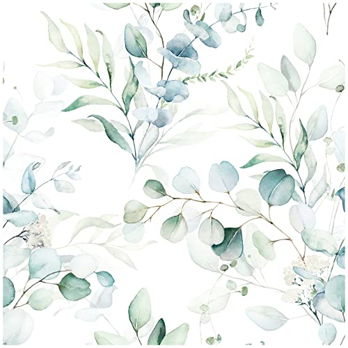 Floralplus Wallpaper Peel and Stick Renter Friendly Wallpaper for Bathroom | Removable Eucalyptus Leaf Wallpaper Renter Friendly Boho Textured Stick On Contact Paper for Cabinet Bedroom, 17.5 x 393 in - color: Green/White, size: 17.5" x 393"