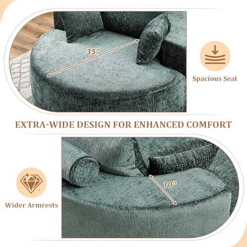 55" Oversized Round Chaise Longue Chair Indoor, Upholstered Chenille Circle Single Cloud Reading Sofa Chair Deep Seat Modern Boneless Sleeper Couch No Assembly Required, Green - color: Green, style: 55"Chenille
