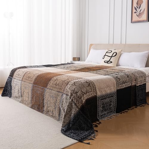 Boho Throw Blanket, Chenille Jacquard Tassels Throw Blankets for Bed Couch Soft Chair， Bohemian Fringe Tassels (Black, Large 86 * 102Inches) - color: Black, size: Large (86 x 102 in)