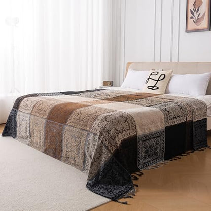 Boho Throw Blanket, Chenille Jacquard Tassels Throw Blankets for Bed Couch Soft Chair， Bohemian Fringe Tassels (Black, Large 86 * 102Inches) - color: Black, size: Large (86 x 102 in)