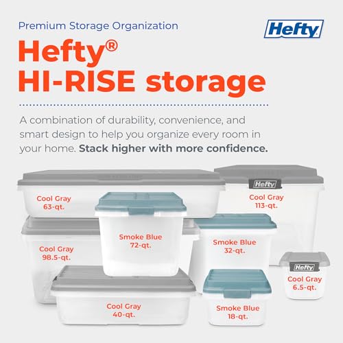 Hefty 18 Qt Hi-Rise Storage Bin with Lid, Stackable Plastic Storage Container, Organizer for Home, Garage & Closet, 8 Pack, Gray - size: 18 QT - 8 Pack