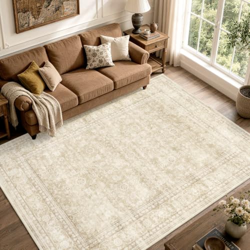 5x7 Ft Area Rugs for Living Room, Soft Non-Slip Machine Washable Rug, Vintage Stain Resistant Carpets for Bedroom Nursery Dining Room Home Decor (Beige) - color: A-f02 Beige, size: 5' x 7' (Rectangular)