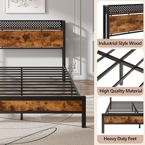 Queen Bed Frame with Headboard,Charging Station and LED Lights | Metal Platform Bed with Charging Station and LED Lights, Noise Free, Easy Assembly,No Box Spring Needed, Brown - size: Queen