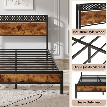 Queen Bed Frame with Headboard,Charging Station and LED Lights | Metal Platform Bed with Charging Station and LED Lights, Noise Free, Easy Assembly,No Box Spring Needed, Brown - size: Queen