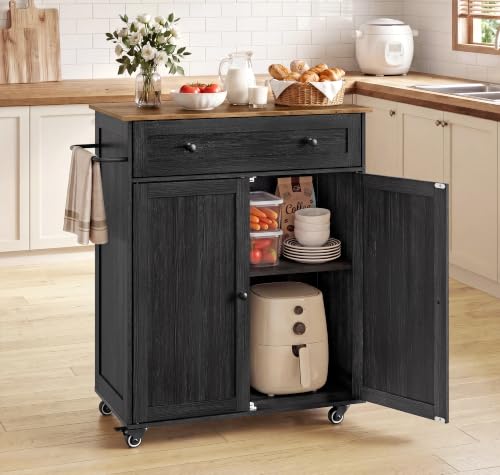 VASAGLE Mobile Kitchen Island with Storage Cabinet for Kitchen, Dining Room | Portable Mobile Cart on Wheels , 15.8 x 30.9 x 35.1 Inches, Black and Honey Brown, SIREN Collection UKKI009BA01S - color: Ink Black + Honey Brown, size: 15.8"D x 30.9"W x 35.1"H