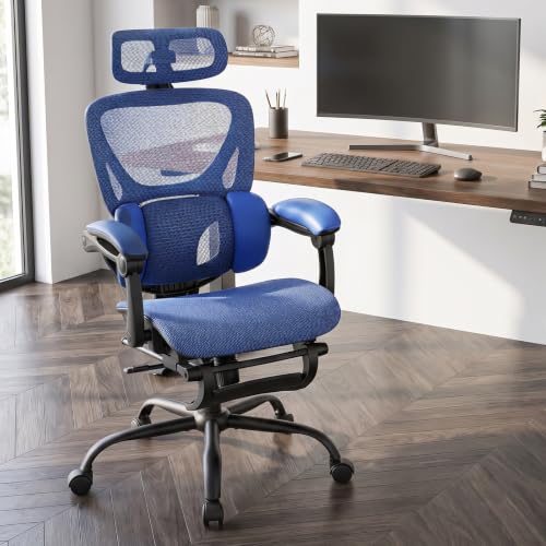 MALOL Ergonomic Mesh Office Chair with Footrest, Executive High Back Computer Desk Chair with 3D Adjustable Headrest & 5-Level Lumbar Support, Track Armrest, Tilt Lock, 300LBS, Blue - color: Blue