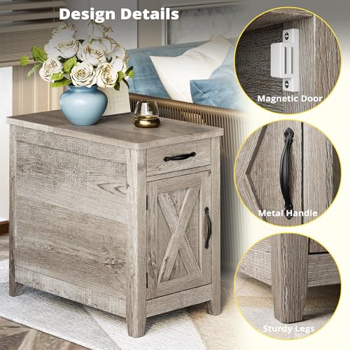 IRONCK End Table with Charging Station, Narrow Side Table, Beige Maple | Bedside table. Farmhouse nightstand with drawer, cabinet, flip-top, and cup holder, wood grain, for home - color: Beige Maple