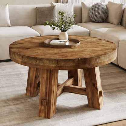 31.5-Inch Round Coffee Table, Solid Wood Center Table with Thickened Tabletop for Living Room, Apartment, Small Space (Rustic Brown) - color: Rustic Brown