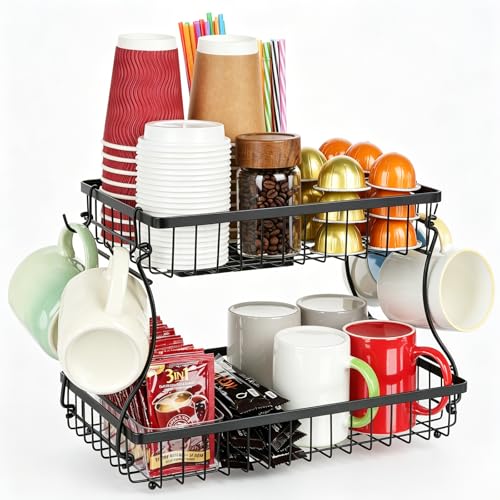 Coffee Mug Holder, Metal Cup Holder Rack with 2 Tier Storage Base, Coffee Mug Holder for Countertop Kitchen Storage Tea Kcup with 4 Hooks - color: 2-Tier (Wire Basket)