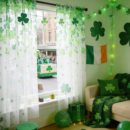 youleyar St. Patrick's Day Sheer Curtains 63 Inches Long, 2 Panels Shamrock Clover Printed Pattern Curtain, Rod Pocket Drapes for Bedroom and Home Decor, 52" W x 63" L - color: Clover - Green, size: 52"W x 63"L (Pack of 2)