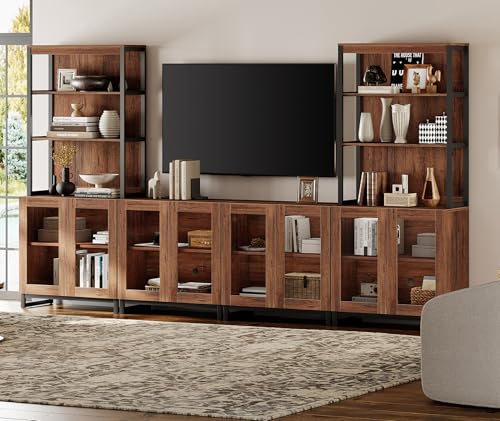 WAMPAT Modern TV Stand with 3 Tiers Bookshelf, Farmhouse Entertainment Center with 12 Drawers and Adjustable Shelf, Media TV Console with Black Metal Leg for Living Room, Begie - color: Brown-b