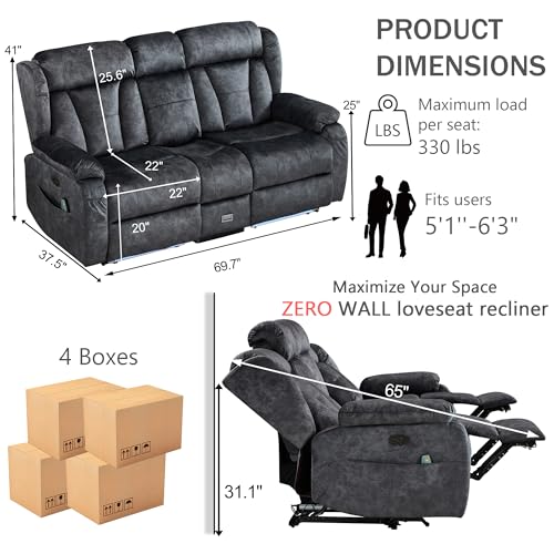 Power Loveseat Recliner with Console,Zero Wall Hugger RV Reclining Loveseat | 69.7"RV Recliner Couch Sofa with Massage and Heat,AC Outlet,USB Ports,LED Light for Living Room Home Theater Small Space - color: Grey, size: Loveseat with console