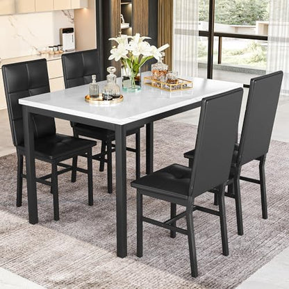 Hooseng Dining Table Set for 4, Faux Marble Small Kitchen Table with 4 PU Leather Chairs, Modern 5 Piece Dinner Table Set for Dining Room, Breakfast Nook, Samll Space, White & Black - color: White
