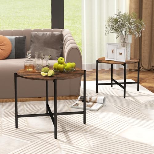 GOFLAME Nesting Coffee Table Set of 2, Round Coffee Tables with Wood Tabletop & Heavy-Duty Metal Frame, Modern Circle End Table & Side Tables, Nesting Tables for Living Room, Bedroom (Rustic Brown) - color: Rustic Brown