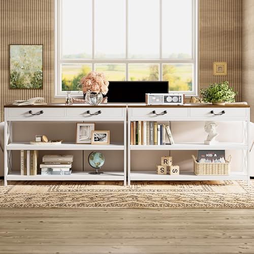 IRONCK 47.2" Farmhouse Console Table, Sofa Table with 2 Drawer, White | Narrow Long Entry Table with 2 Shelf for Entryway, Living Room, Hallway - size: 47.2inch