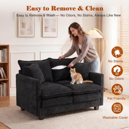 50'' Loveseat Sofa Set, Small Couch Set 2 Piece Cloud Love Seat with 27" Deep Seat Washable Chenille Pillows Couches for Small Spaces Apartment Living Room, Black - color: Black, size: 50"+50"