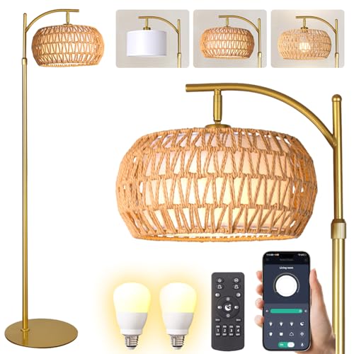 Gold Boho Rattan Floor Lamp w/Remote, Dimmable (2700K - 6000K), 2 - in - 1 Wicker & Fabric Shade, Adjustable 165-172cm for Living Room & Bedroom - color: Bohemian Gold