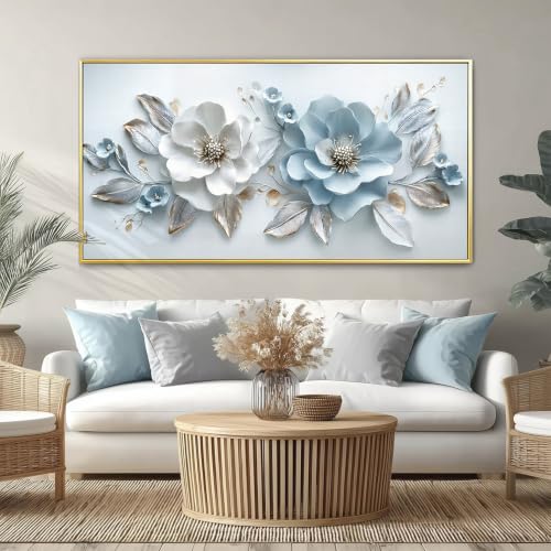 Phahey Ethereal Dreamy Light Blue Floral Wall Art, Framed & Ready to Hang with Hooks White Leaf Print 20"x40" - color: Light Blue Flower, size: 100L x 50W cm