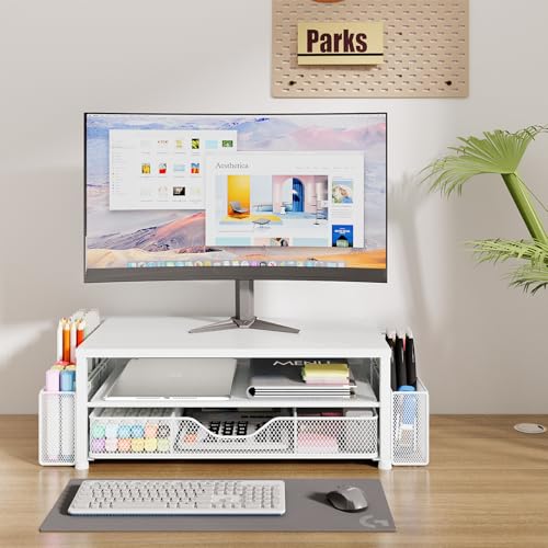 Desk Organizer and Accessories, 2-Tier Computer Monitor Stand Riser with Drawer and 2 Pen Holders, Laptop Stand, Office Desk Accessories for Office Supplies, 1 Pack, White - color: White 1-Pack, size: 2-Tier