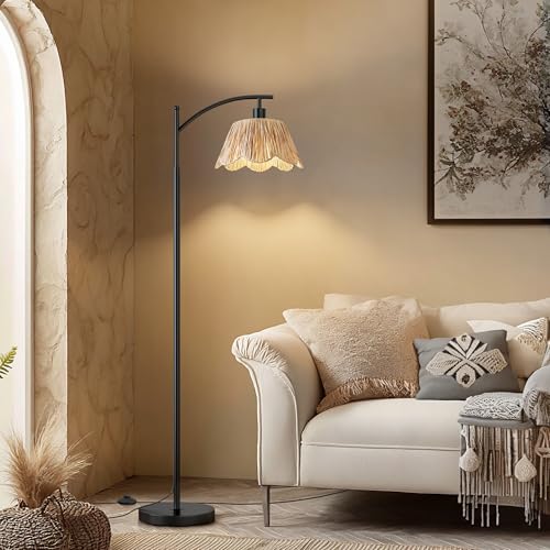 Arc Floor Lamp for Living Room,Rattan Boho Floor Lamp with Hand-Woven Shade, Foot Switch,Black Metal Base & Pole,Farmhouse Standing Lamp for Bedroom Corner,Reading - color: Black
