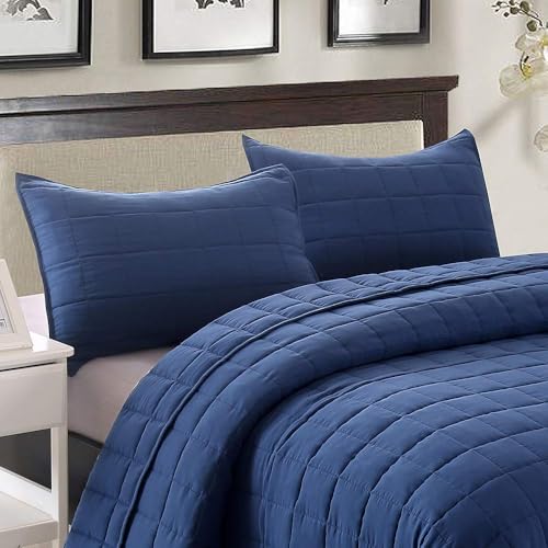 EMME Quilts Queen Size Bedding Sets Navy Blue Bedspread, Soft Lightweight Pre-Washed Bed Set, 3 Piece Cozy Reversible Microfiber Bed Coverlet with Pillow Sham(Square Pattern,90"x90") - color: 01-navy (Squares Pattern), size: Full/Queen(90" x 90")