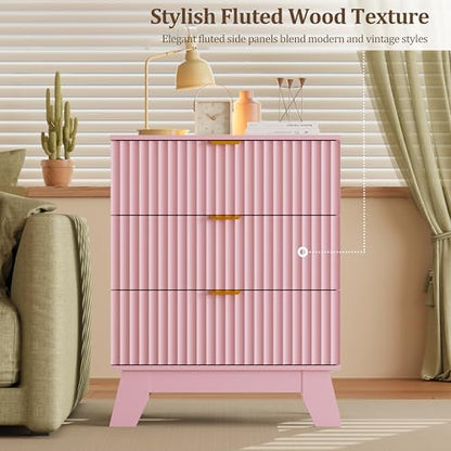 Fluted Nightstand with 3 Large Drawers, Wooden Side End Table with Elevated Legs for Easy Cleaning, Sturdy Modern Beside Table for Small Space, Bedroom, Pink, 24" L - color: Pink