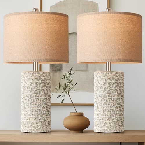 23" Modern Ceramic Table Lamp Set of 2, Table Lamps for Living Room, Rustic Farmhouse Bedside Lamps Nightstand lamp for Bedroom, Desk Lamp for End Table Home Decor Grey Shabby Chic White - color: Grey and White