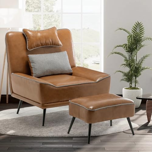 35" Accent Chair with Ottoman, Wide PU Leather Chair and Ottoman | Oversized Upholstered Armless Chair Mid Century Modern Side Chair with Ottoman For Living Room Bedroom Lounge Chair Brown - color: Brown