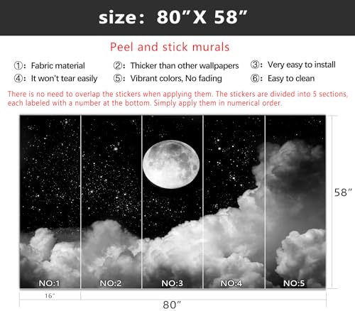 YIHWM-Peel and Stick Galaxy Wallpaper Moon Clouds Black Starry Sky Mural | Tear-resistant,with a substantial feel;Will not be damaged during repositioning.Boy's Room,kids room wallpaper.S-80"x58" - color: Yh15, size: 80"x58"