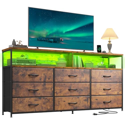 Romorgniz 55" W Dresser for Bedroom with 9 Drawers LED TV Stand with Power Outlets for 45, 55, 65 Inch TV Sturdy Long Chest of Drawers with Extra 2 Wooden Shelves Steel Frame Rustic Brown - color: Rustic Brown